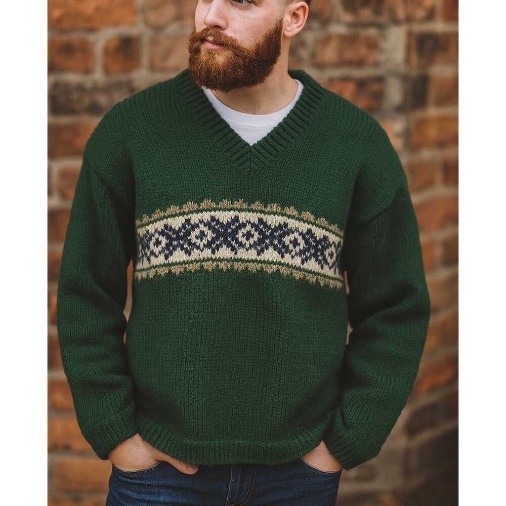 Abercrombie & Fitch Wool Sweater Mens Size L Green Fair Isle V Neck Vintage